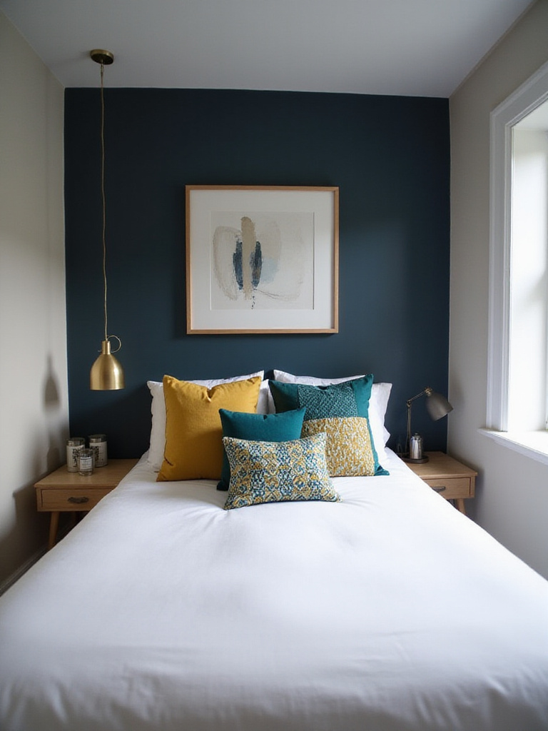Small bedroom with navy accent wall, colorful pillows, and abstract art.