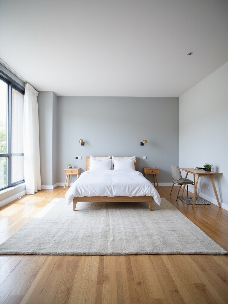 Small bedroom decor idea: large area rug defining sleeping zone, smaller rug defining workspace.