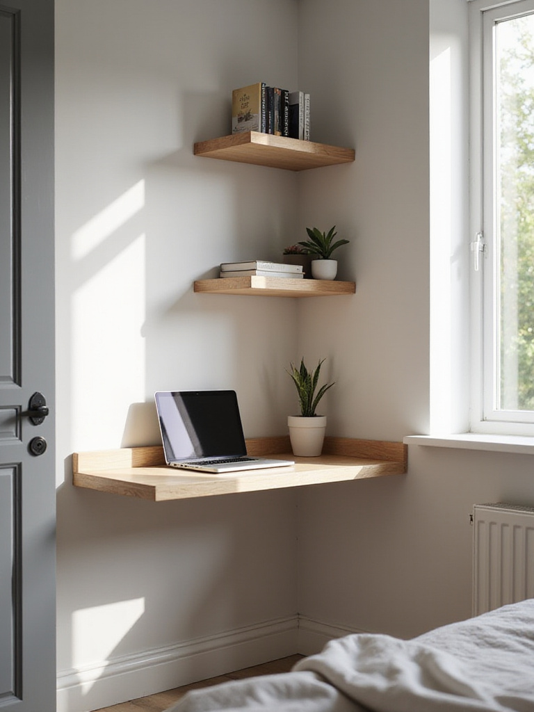 Small bedroom corner with floating desk and shelves.
