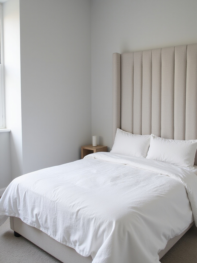 Small bedroom with tall, vertically tufted headboard