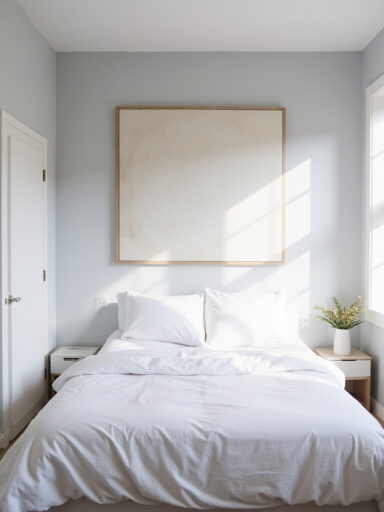 Small bedroom with abstract canvas painting above the bed