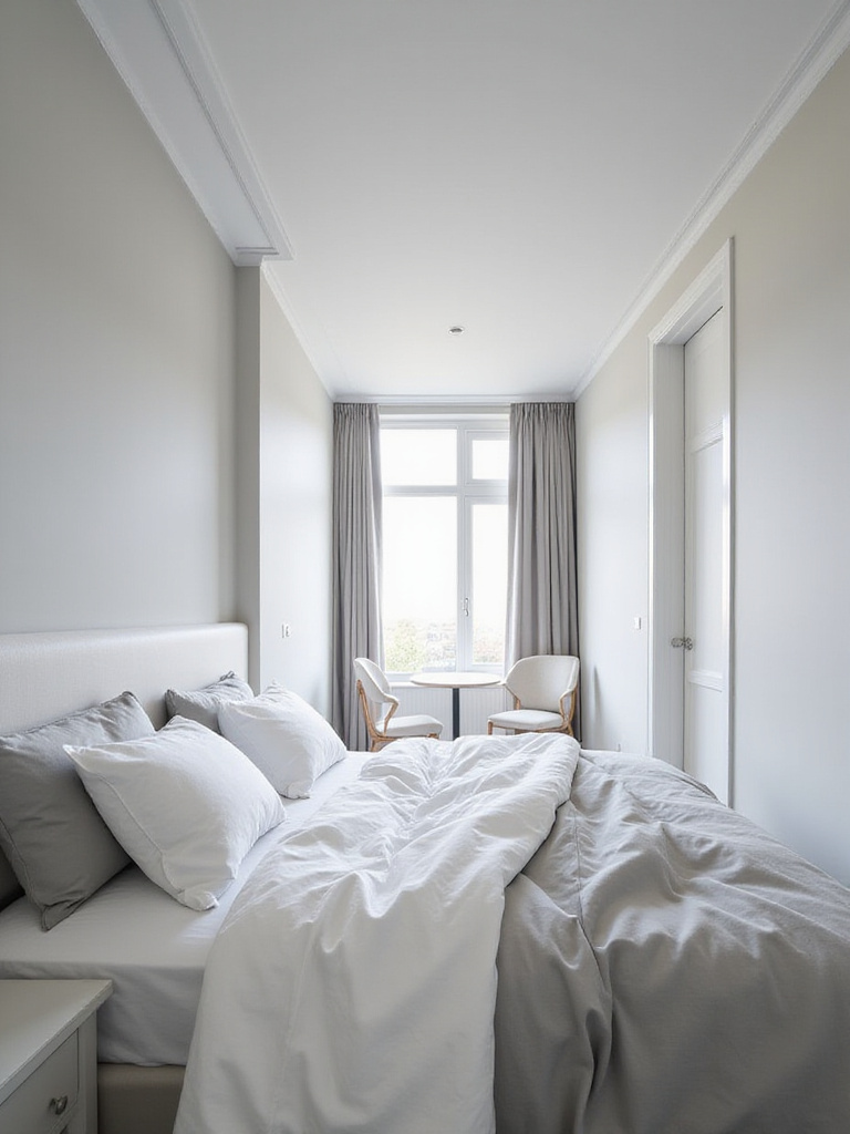 Small bedroom with light gray walls and white bedding, demonstrating color harmony for a spacious feel.