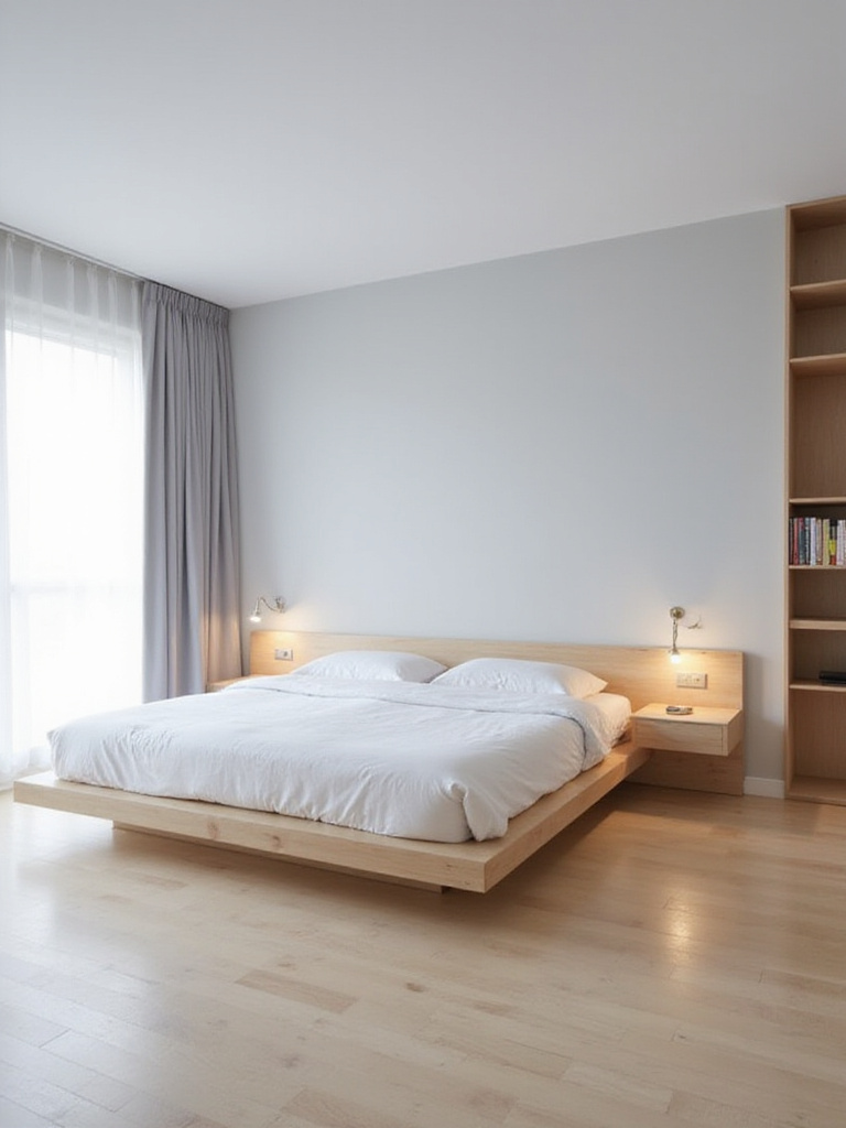 Small bedroom with streamlined furniture, platform bed, floating nightstands, and light wood accents.