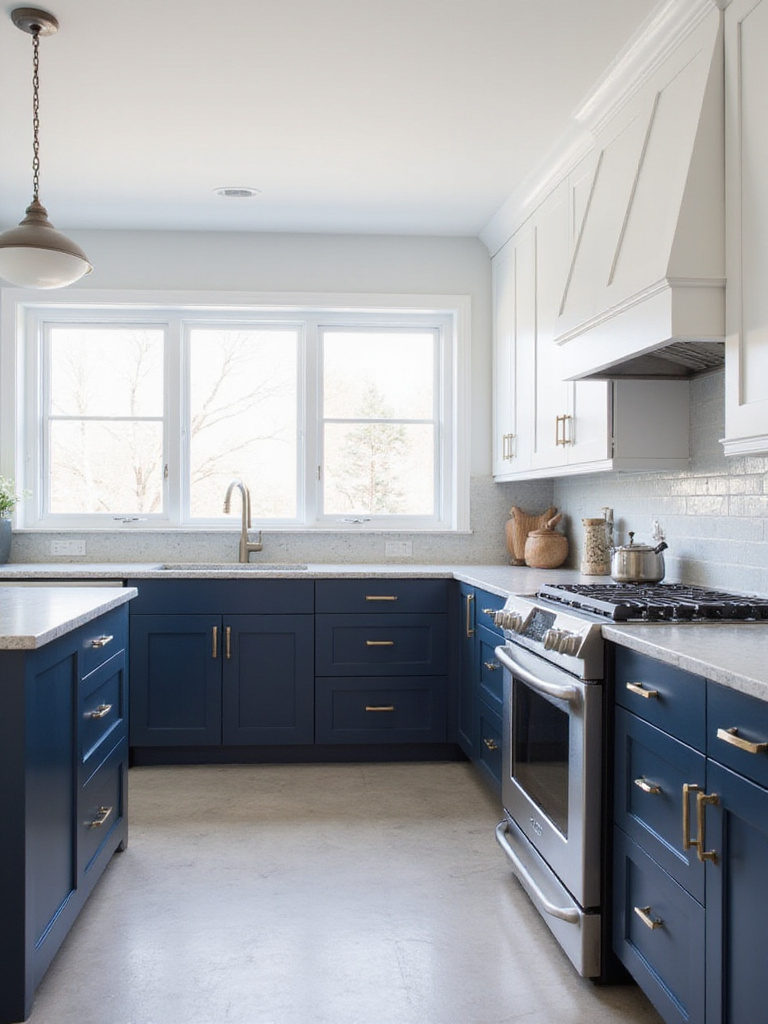 Modern kitchen with two-toned navy blue and white cabinets.