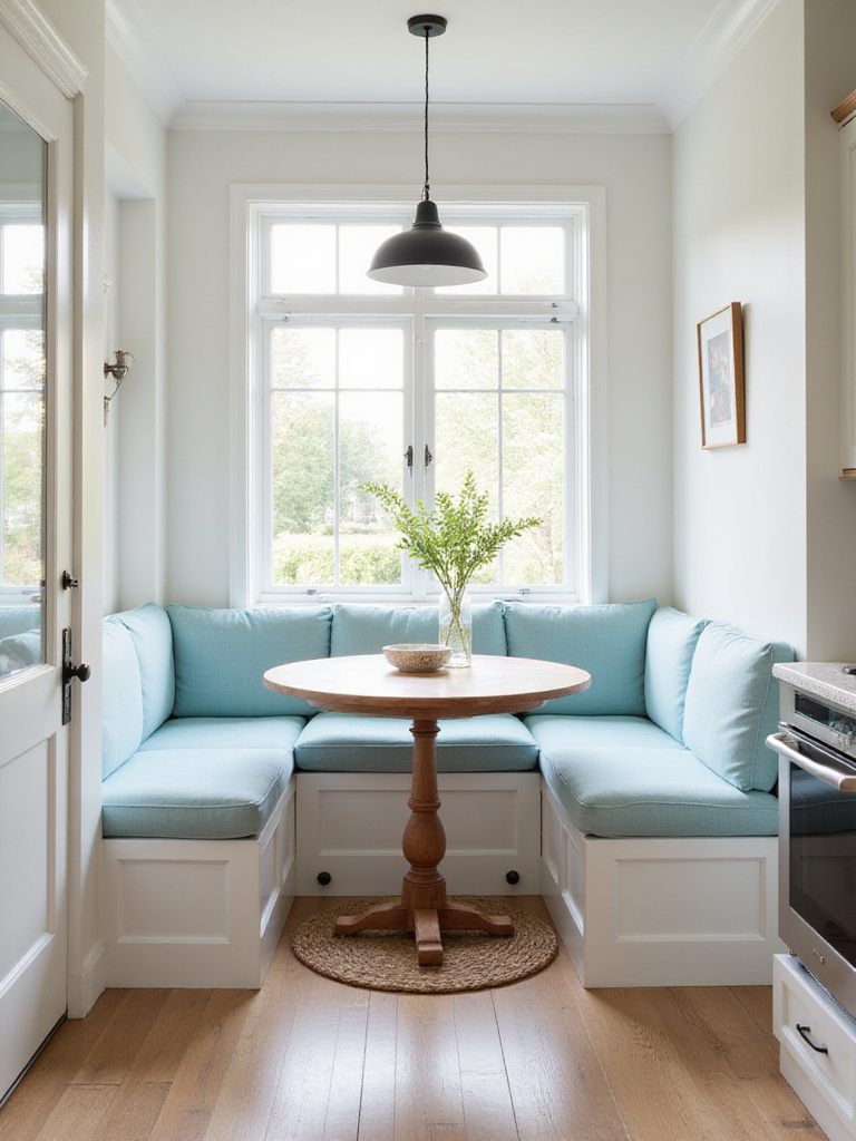 Cozy kitchen breakfast nook with built-in seating and round table