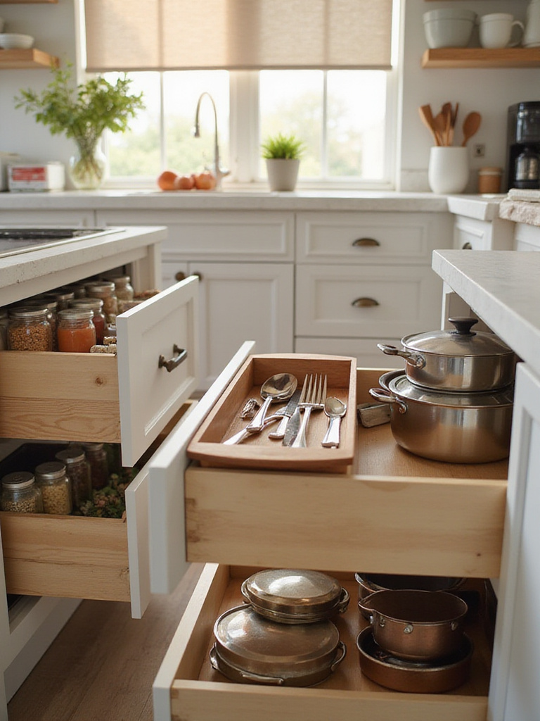 Organized kitchen drawers and cabinets with cutlery tray, spice rack, and pot dividers.