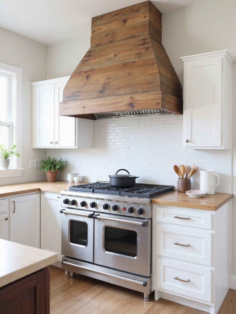 Kitchen interior featuring a statement reclaimed wood range hood