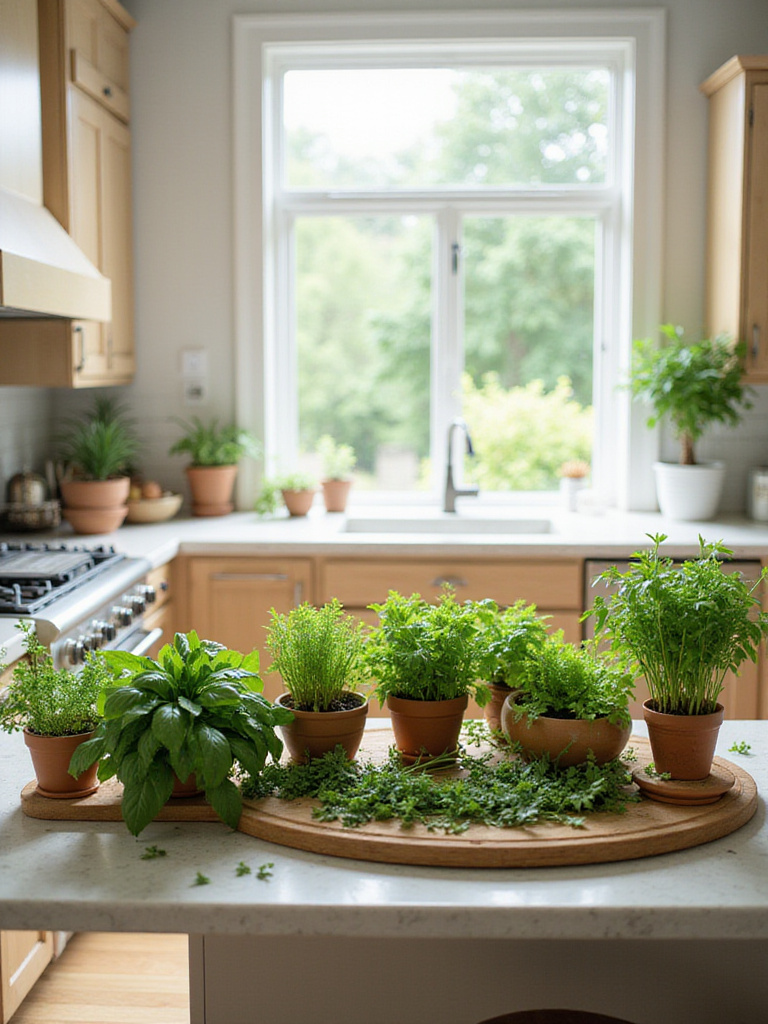 Bright modern kitchen with a thriving indoor herb garden on the countertop, featuring various herbs in terracotta and ceramic pots.
