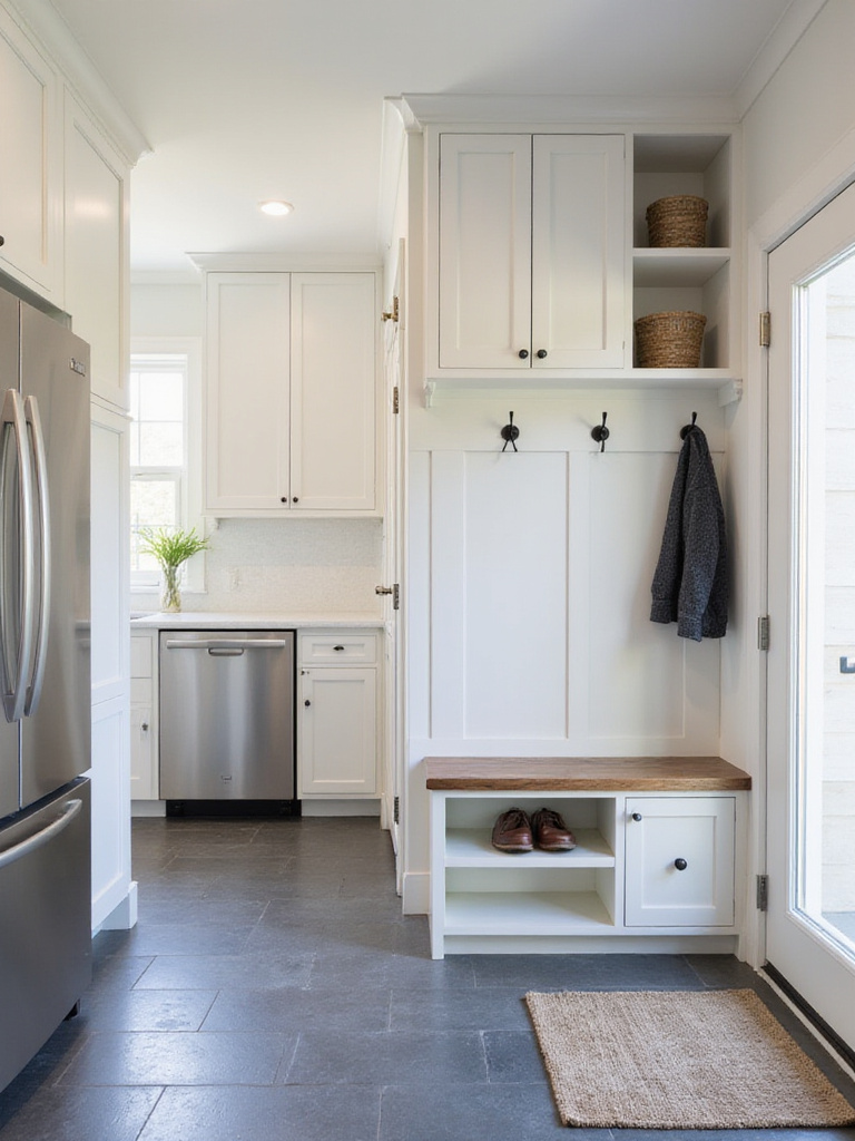 Modern kitchen transitioning into a functional and stylish mudroom entry