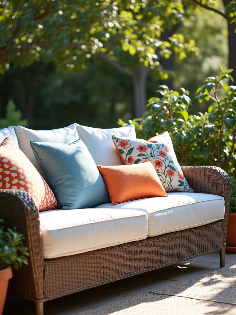 Comfortable wicker sofa adorned with colorful and stylish outdoor pillows on a sun-drenched patio.
