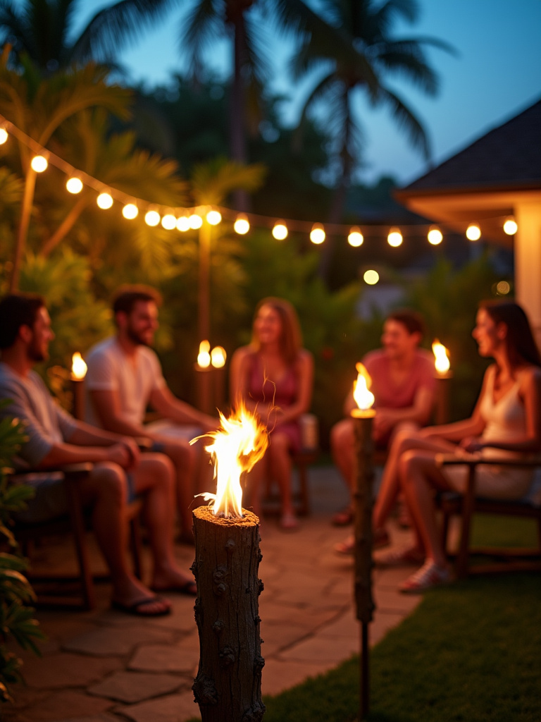 Backyard patio illuminated by tiki torches creating an island vibe.