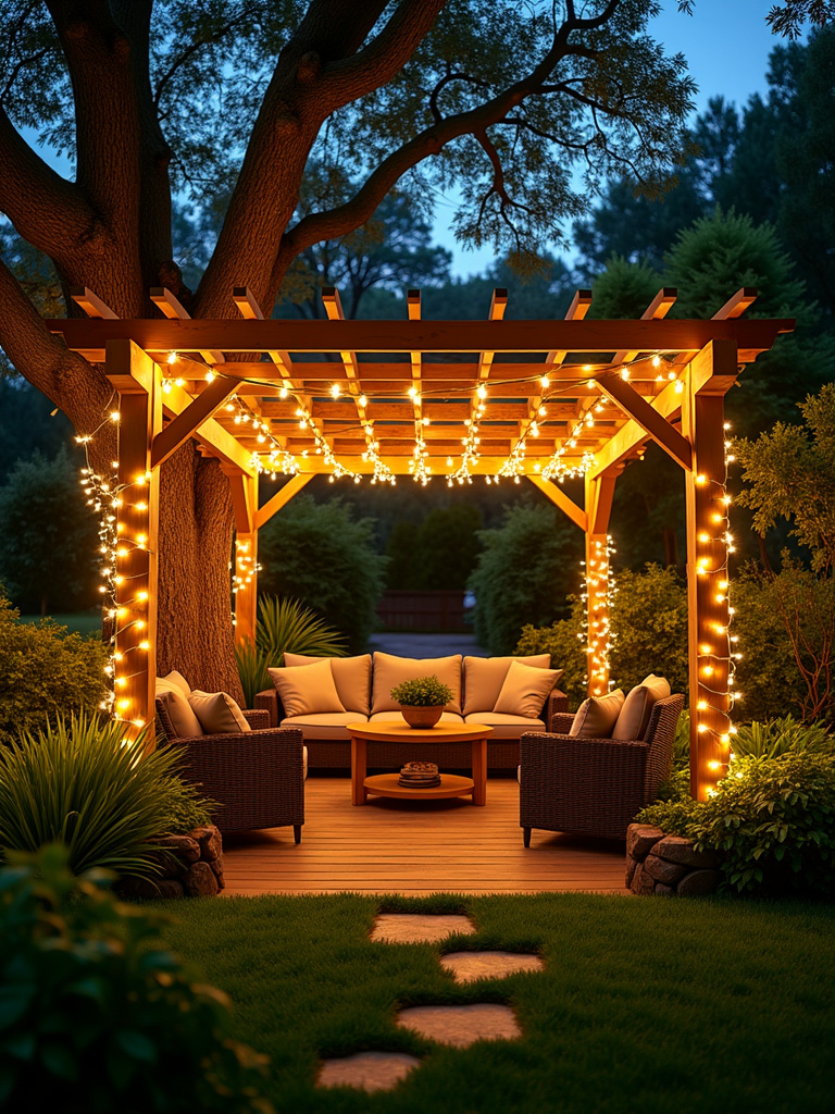 Backyard pergola decorated with fairy lights creating a magical outdoor oasis.