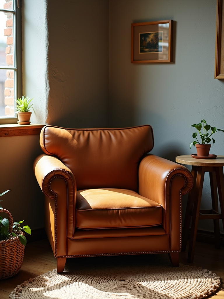 Rustic living room corner with a cognac leather armchair illuminated by natural window light.