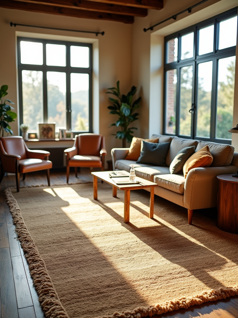 Wide view of a rustic living room featuring a large textured jute rug anchoring the furniture.