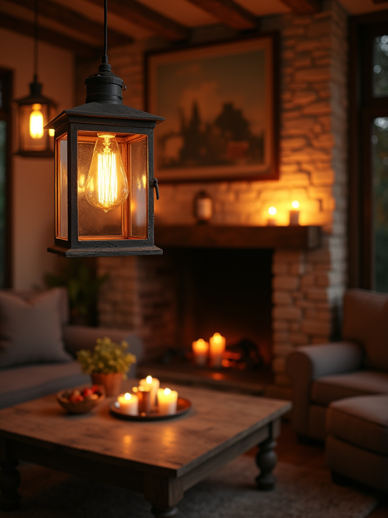 Rustic living room illuminated by warm lantern pendant light, Edison bulbs, and candles creating a cozy evening ambiance.