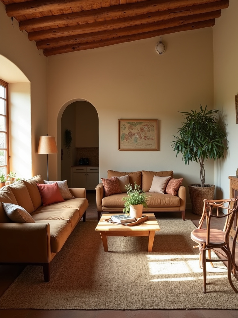 Rustic living room with a warm earthy color palette of beige walls, brown furniture, and olive green textiles under natural light.