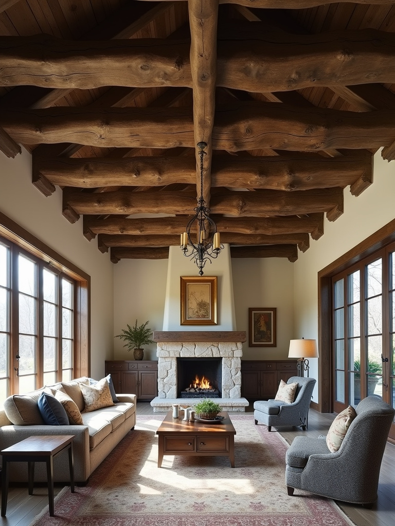 Rustic living room with dark-stained exposed wooden beams on the ceiling, illuminated by natural light.