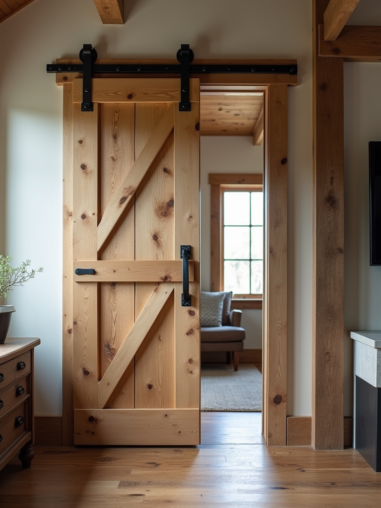 Rustic living room with a wooden barn door room divider featuring black metal hardware, illuminated by natural light.