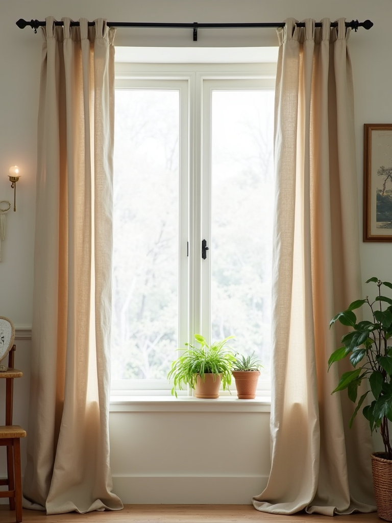 Rustic living room window with floor-to-ceiling light beige linen curtains softly filtering natural light.