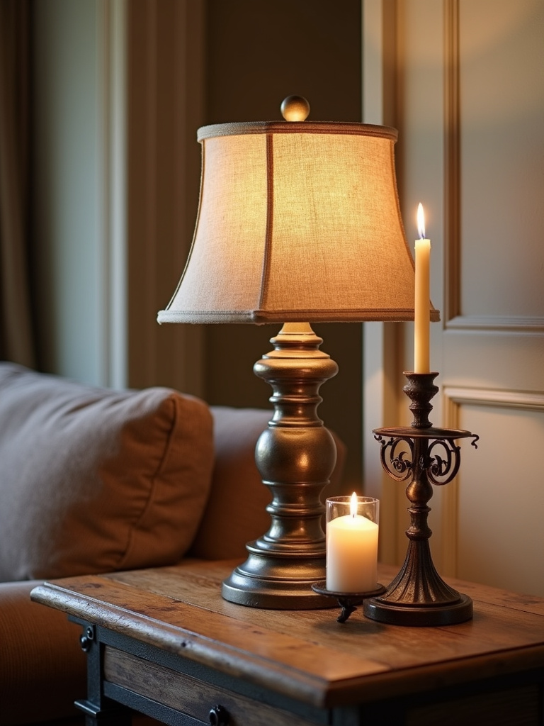 Rustic side table featuring a bronze lamp, wrought iron candleholder, and subtle metal details, illuminated by warm light.