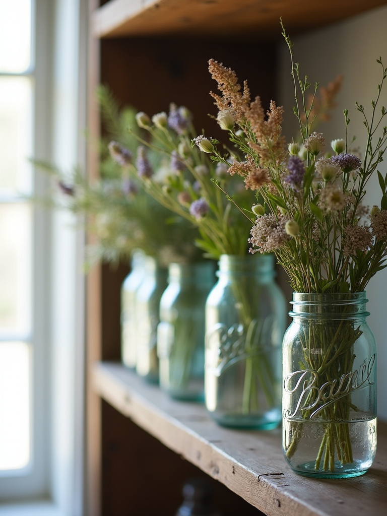Rustic shelf styled with mason jars used as vases for wildflowers and greenery, under soft natural light.