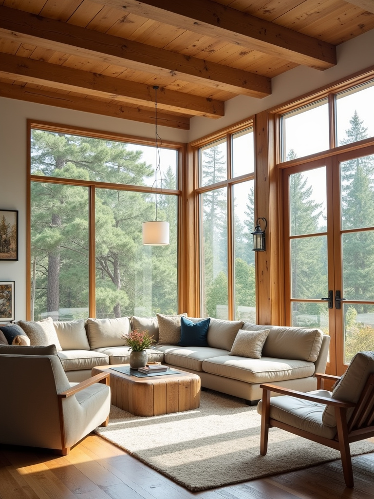 Bright and airy rustic living room with large unobstructed windows letting in abundant natural daylight.