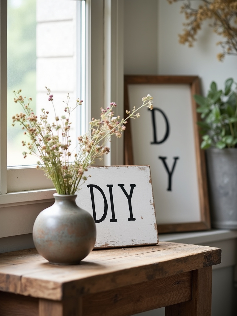 Rustic side table featuring a handmade ceramic vase with wildflowers and a DIY wood sign, illuminated by natural light.