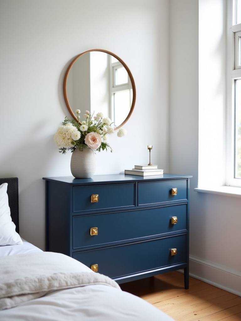 Bedroom corner with navy blue dresser adorned with gold geometric knobs, complemented by a round mirror and floral vase, creating a modern, stylish vibe.