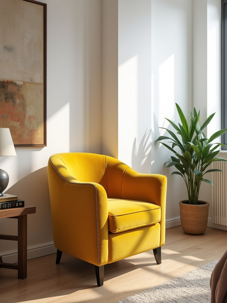 Bedroom corner with mustard yellow velvet accent chair, side table with lamp and books, and potted plant, forming a warm reading nook.