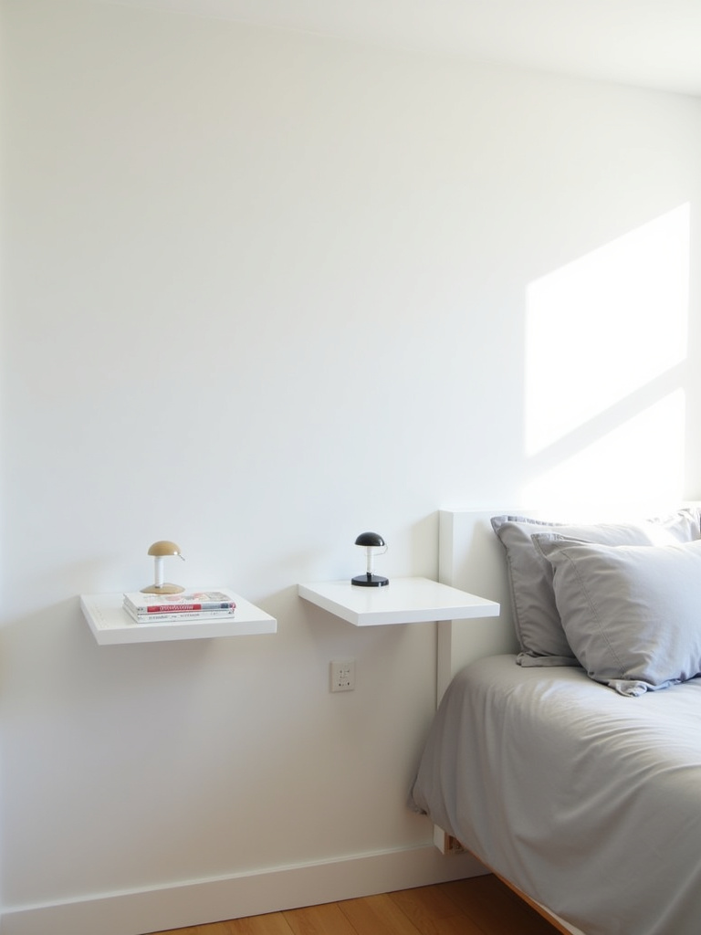 Minimalist bedroom corner with queen bed flanked by white floating nightstands, illuminated by natural light highlighting clean lines and simple decor.