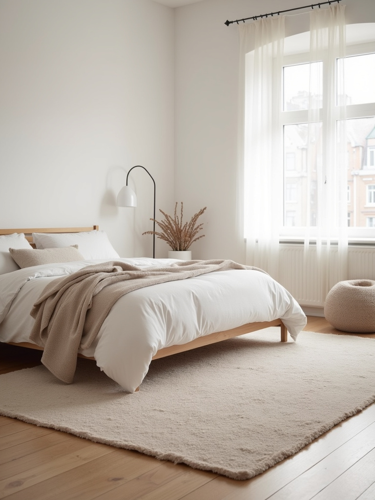Bedroom with large area rug extending beyond queen bed, complementing light wood flooring and neutral bedding in minimalist Scandinavian style.