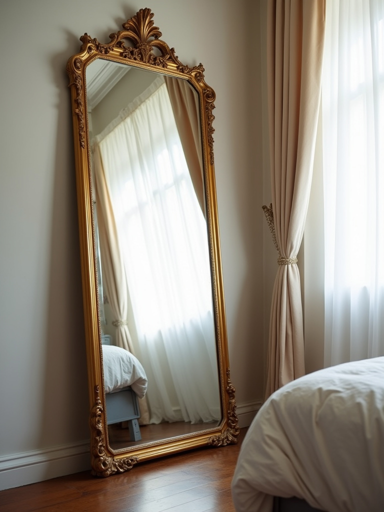 Bedroom with ornate gold-framed full-length mirror reflecting natural light and part of the bed, adding spaciousness and elegance.