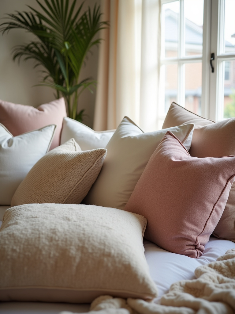 Close-up of bed with assorted decorative pillows in velvet, linen, and patterned fabrics, bathed in soft natural light.