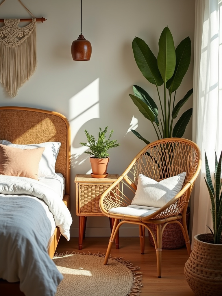Bohemian bedroom corner with rattan headboard, wicker nightstand, rattan chair, macramé wall hanging, and indoor plants, bathed in warm natural light.