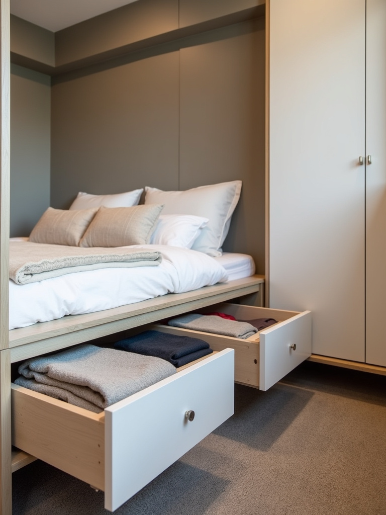 Small bedroom with multi-functional furniture including platform bed with storage drawers and storage ottoman bench, highlighting space-saving design.