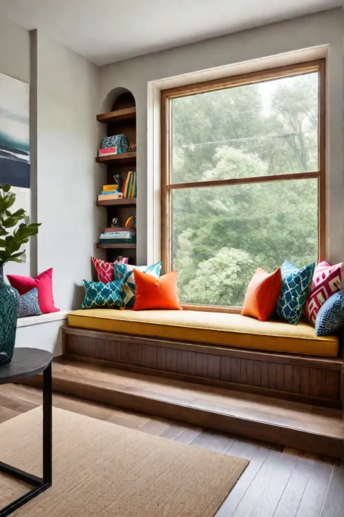 A colorful window seat with built-in bookshelves