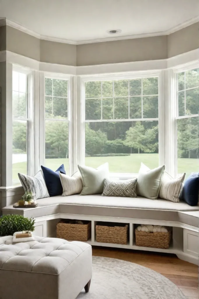 A cozy reading nook with a window seat and throw blanket