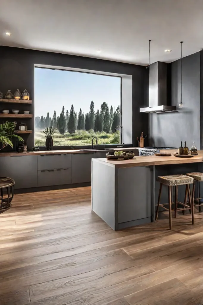 A cozy and inviting kitchen with wood-look tile flooring and wooden accents