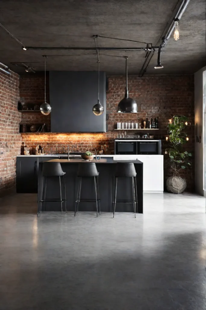 An industrial-style kitchen with polished concrete flooring and exposed brick walls