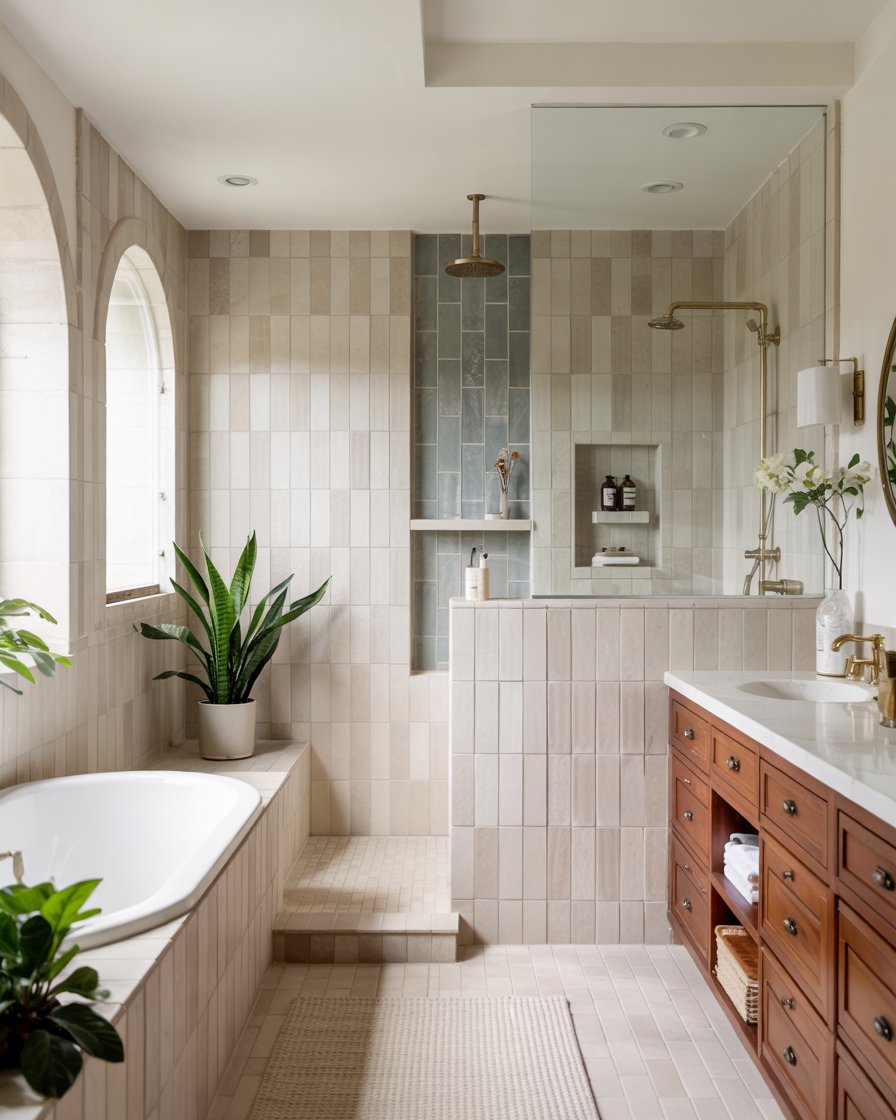 Walk-in shower with half wall