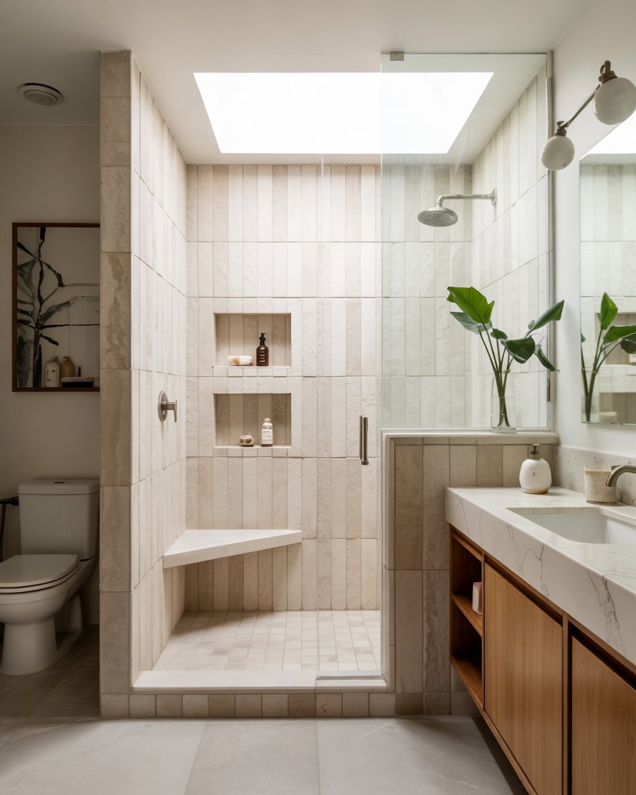 Compact walk-in shower with bench
