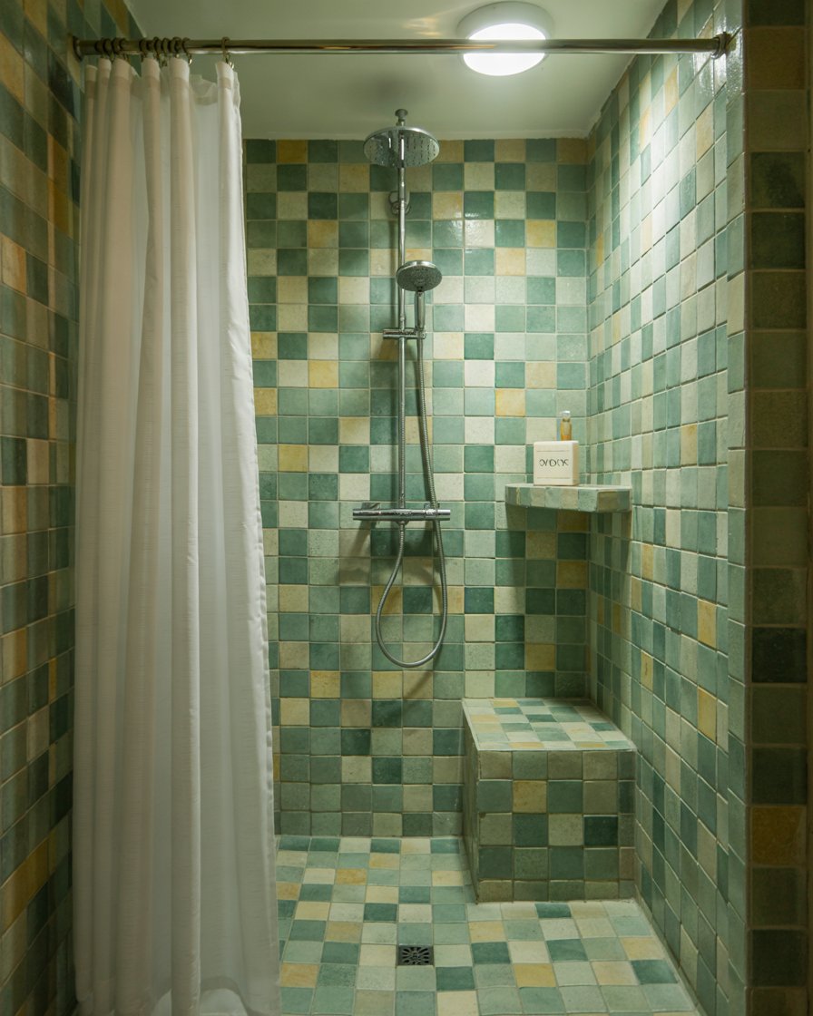 Walk-in shower with curtain
