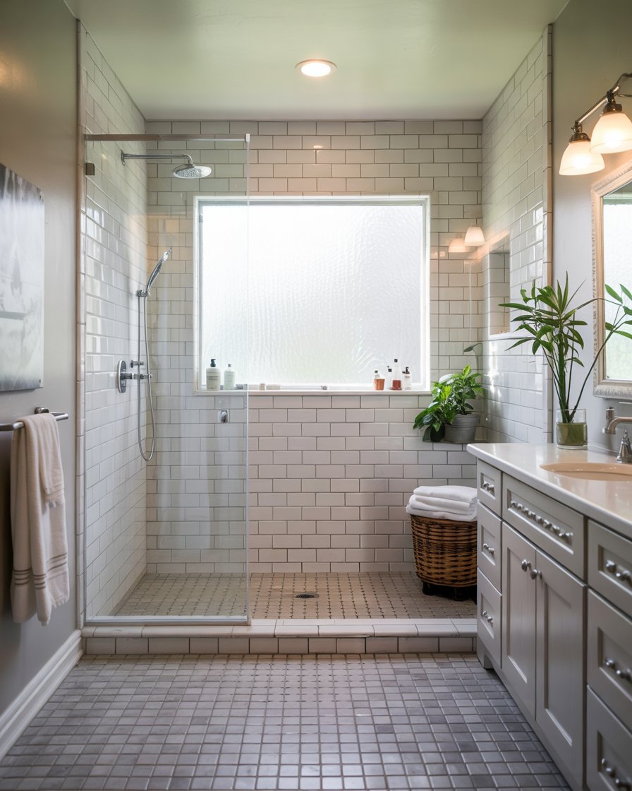Walk-in shower with window views
