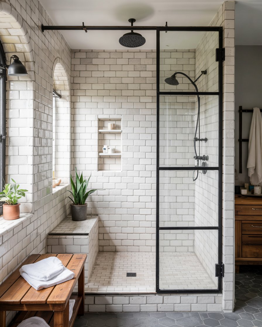 Walk-in shower with black framed enclosure