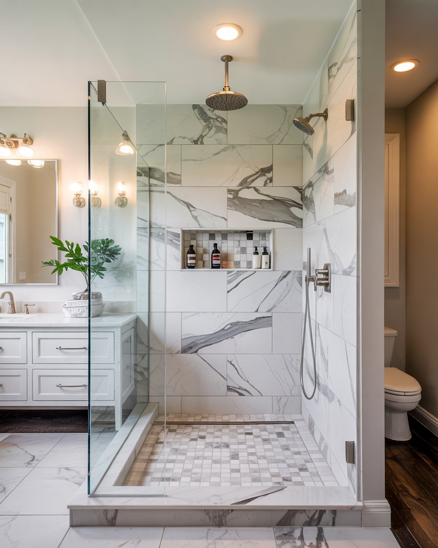 Walk-in shower with hidden linear drain