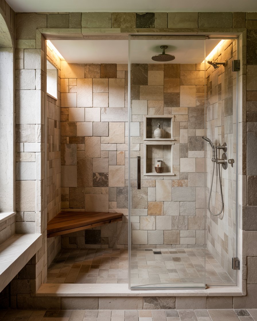 Walk-in shower with natural stone tiles