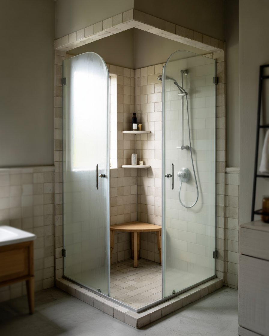 Walk-in shower with frosted curved glass door
