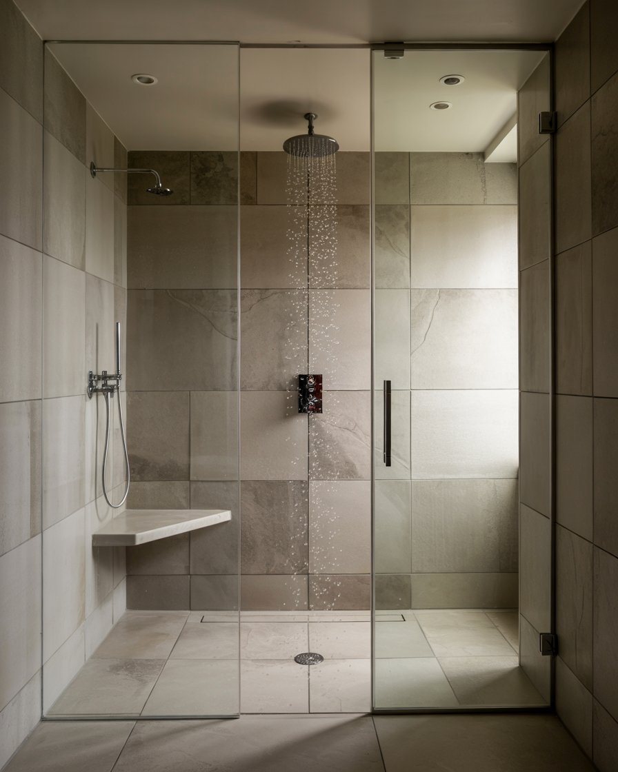 Walk-in shower with bench seat and heated floors