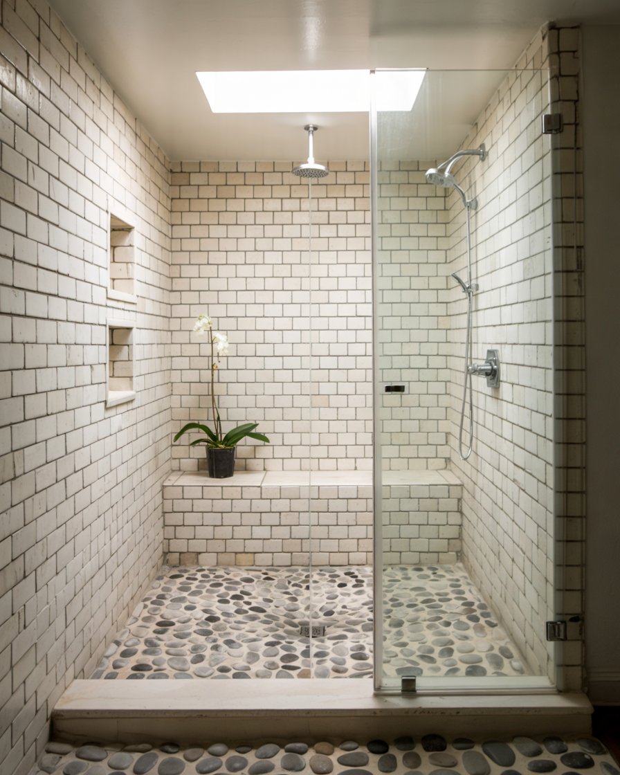 Walk-in shower with pebble stone floor