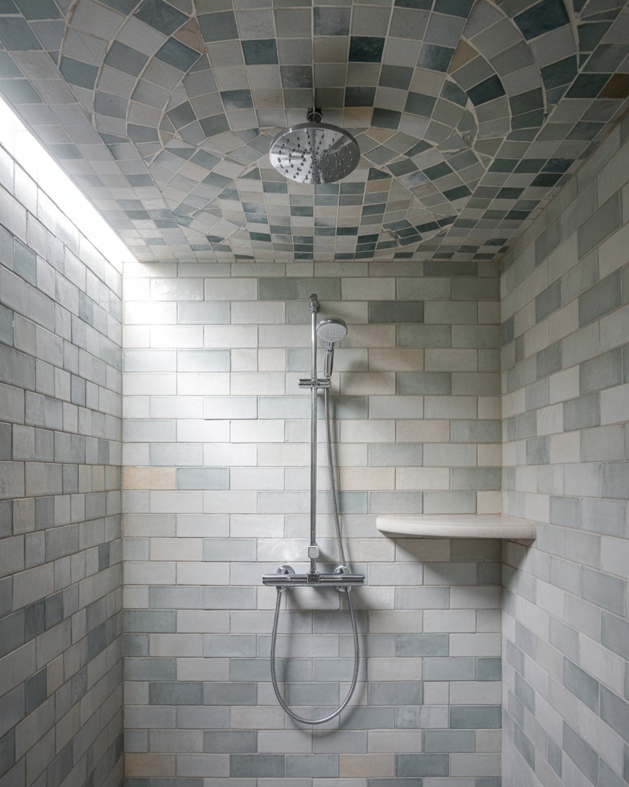 Walk-in shower with mosaic tile ceiling